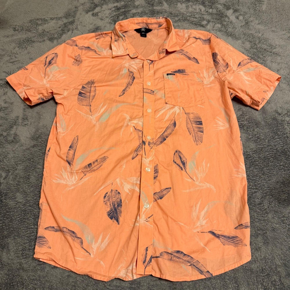 Volcom Mens Peach Orange Tropical Bird of Paradise Cotton Button Down Shirt L